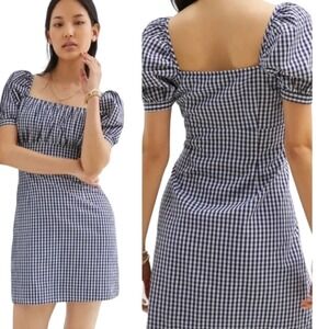 anthro forever that girl gathered blue navy gingham puff sleeve Mini Dress M